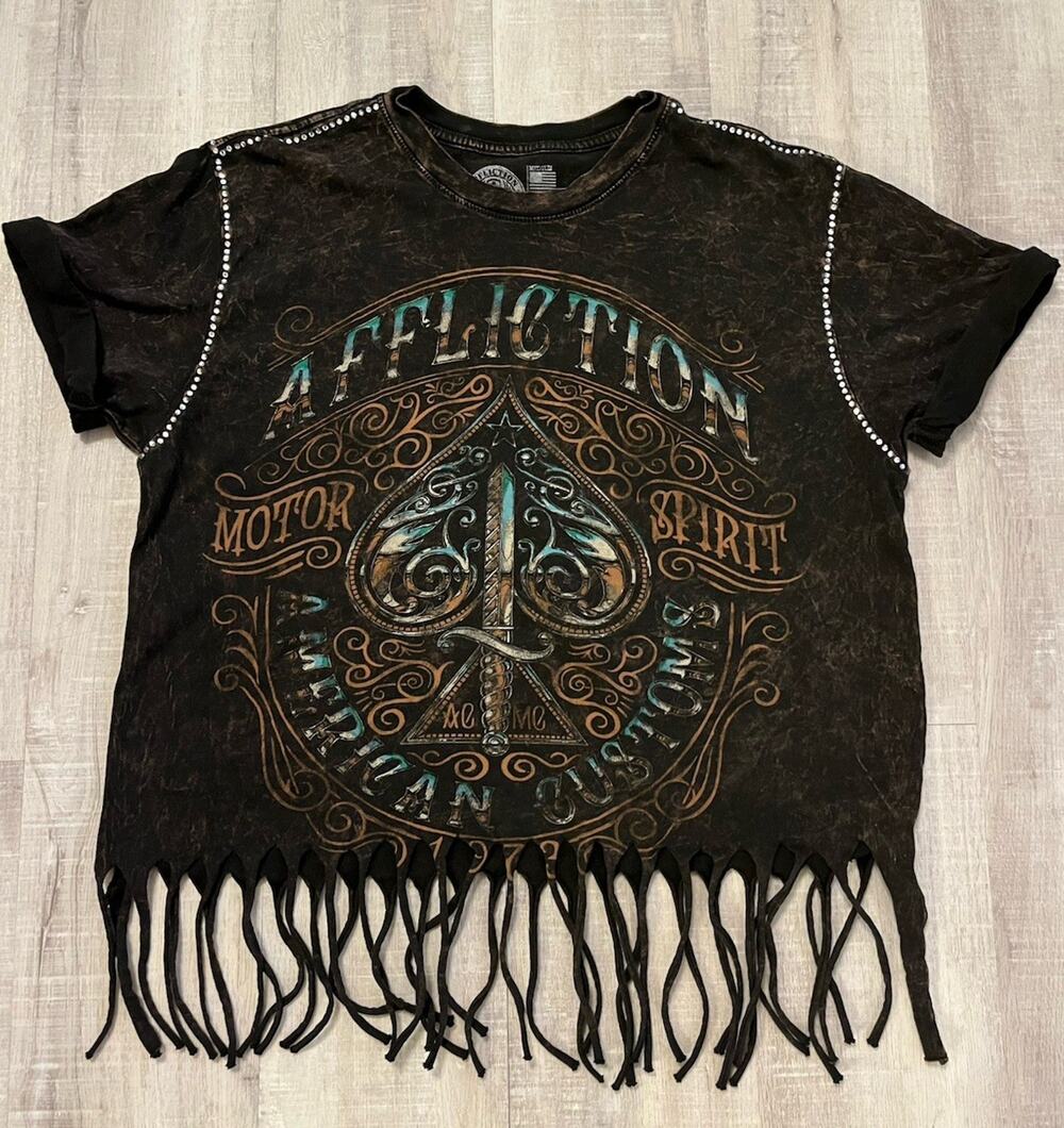 Affliction Shirt American Customs Rodeo Brown Rhinestone Crop Fringe Western M
